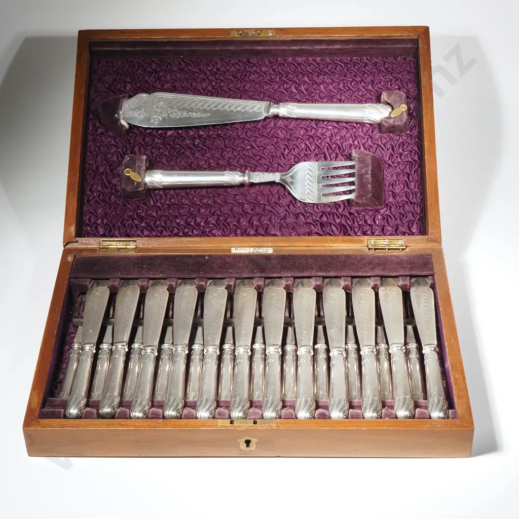 Twelve Place Silver Plated Fish Knives & Forks With Servers In Original Maple & Co. Mahogany Box  Image 1++