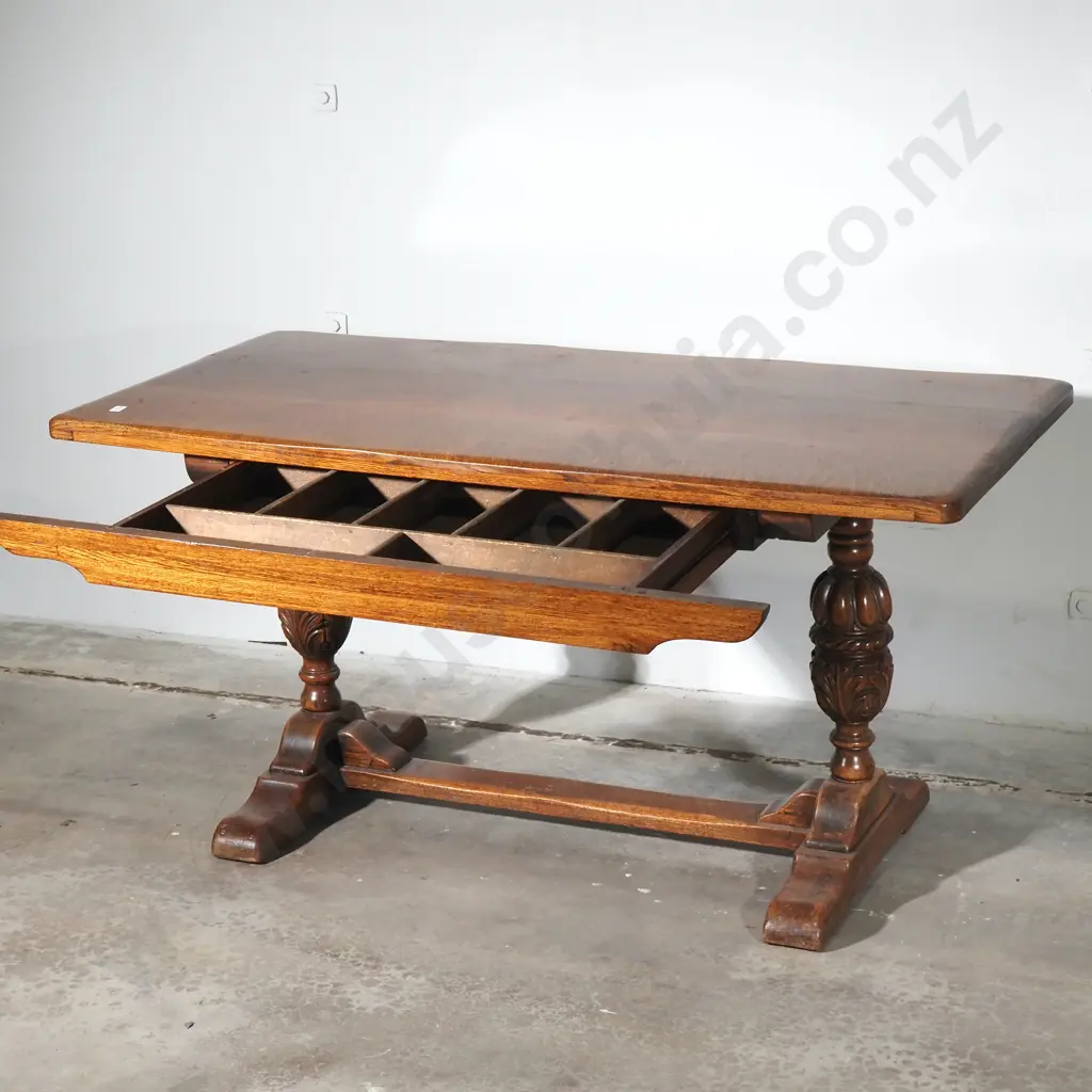 Victorian Solid Oak Jacobean Style Refectory Table Resting on a Pair of Carved Bulbous Ends  & Stretcher Base Image 1++