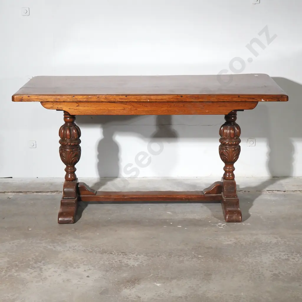 Victorian Solid Oak Jacobean Style Refectory Table Resting on a Pair of Carved Bulbous Ends  & Stretcher Base Image 1++