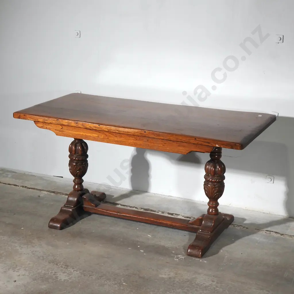 Victorian Solid Oak Jacobean Style Refectory Table Resting on a Pair of Carved Bulbous Ends  & Stretcher Base Image 1++