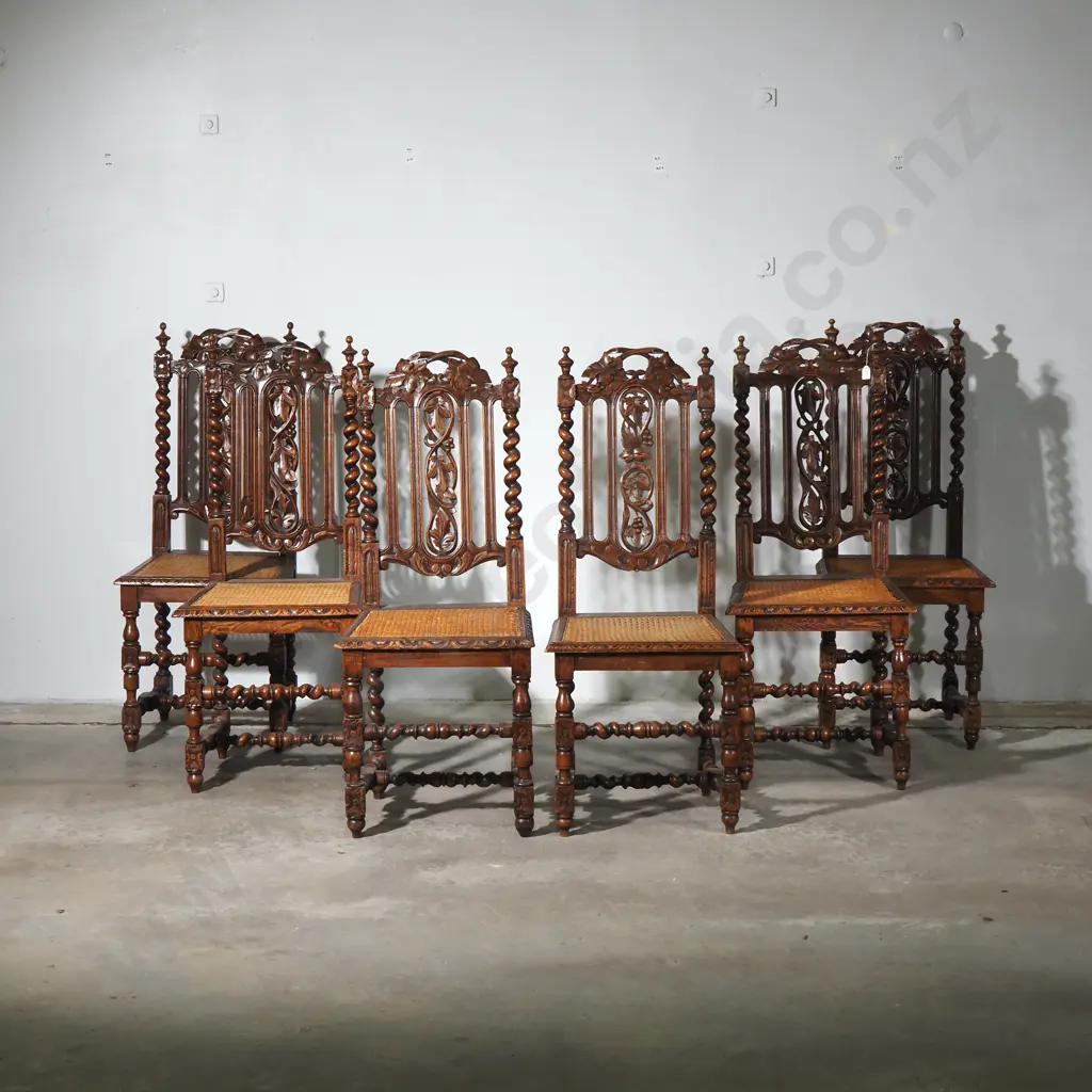 Victorian Jacobean Style Oak Dining Chairs Featuring Hand Carved Floral Details, Barley Twist Supports & Cane Seats Image 1++