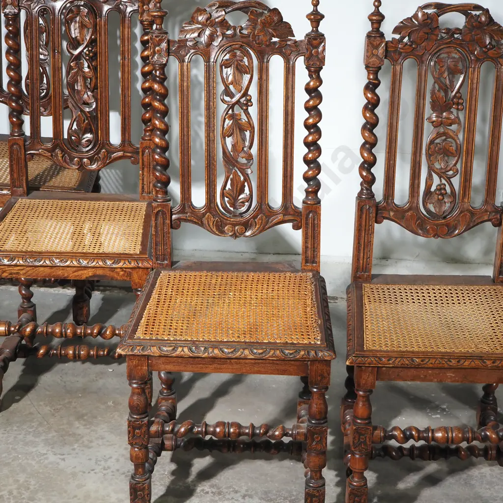 Victorian Jacobean Style Oak Dining Chairs Featuring Hand Carved Floral Details, Barley Twist Supports & Cane Seats Image 1++