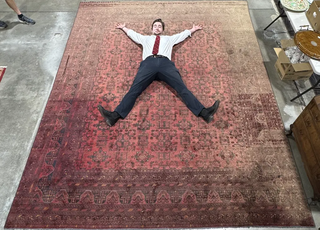 Hand Knotted Afghan Rug w Deep Red Ground & Elephant Foot Patterns Image 1++