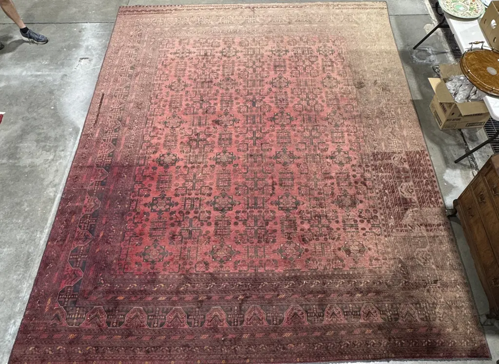 Hand Knotted Afghan Rug w Deep Red Ground & Elephant Foot Patterns Image 1++