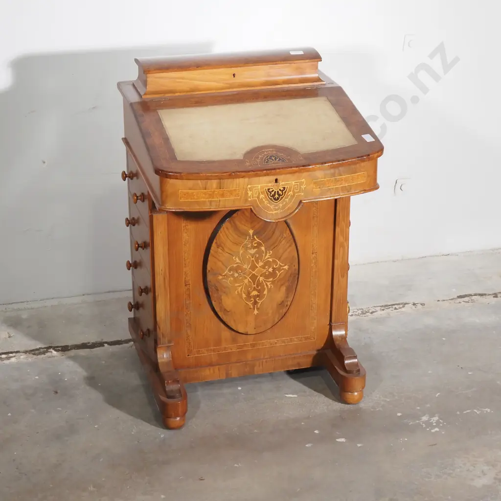 Victorian Walnut & Boxwood Inlaid Davenport Desk with Oval Panel & Stationery Compartment A/F Image 1++