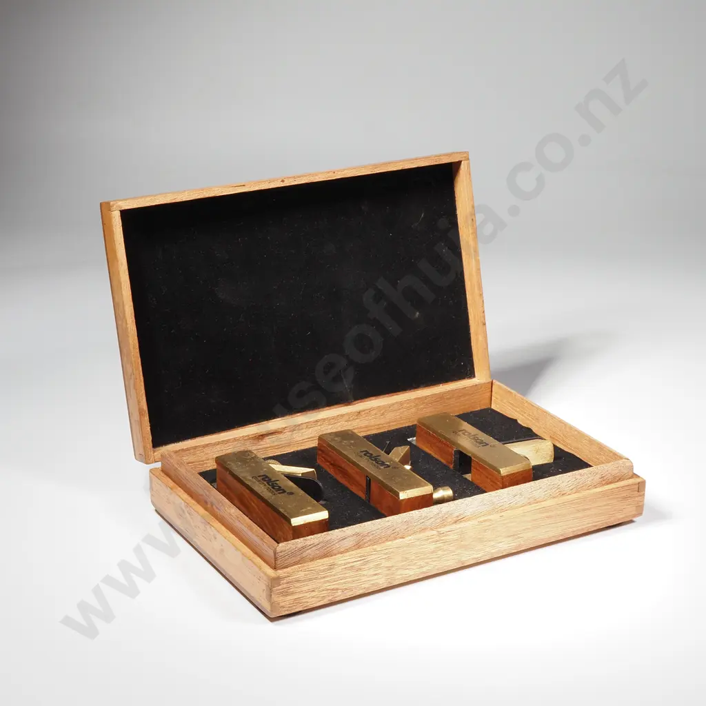 Wooden Box Containing Quality Brass Mini Hand Planes, w Adjustable Blades Image 1++