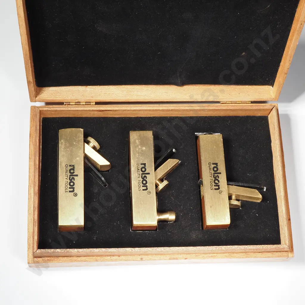 Wooden Box Containing Quality Brass Mini Hand Planes, w Adjustable Blades Image 1++