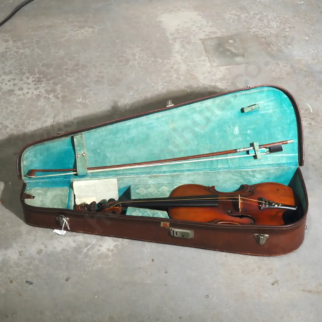Vintage Violin w Carved Human Head Scroll, Decorative Carved Around the F holes & Back & Tailpiece w MOP Floral Design Image 1++
