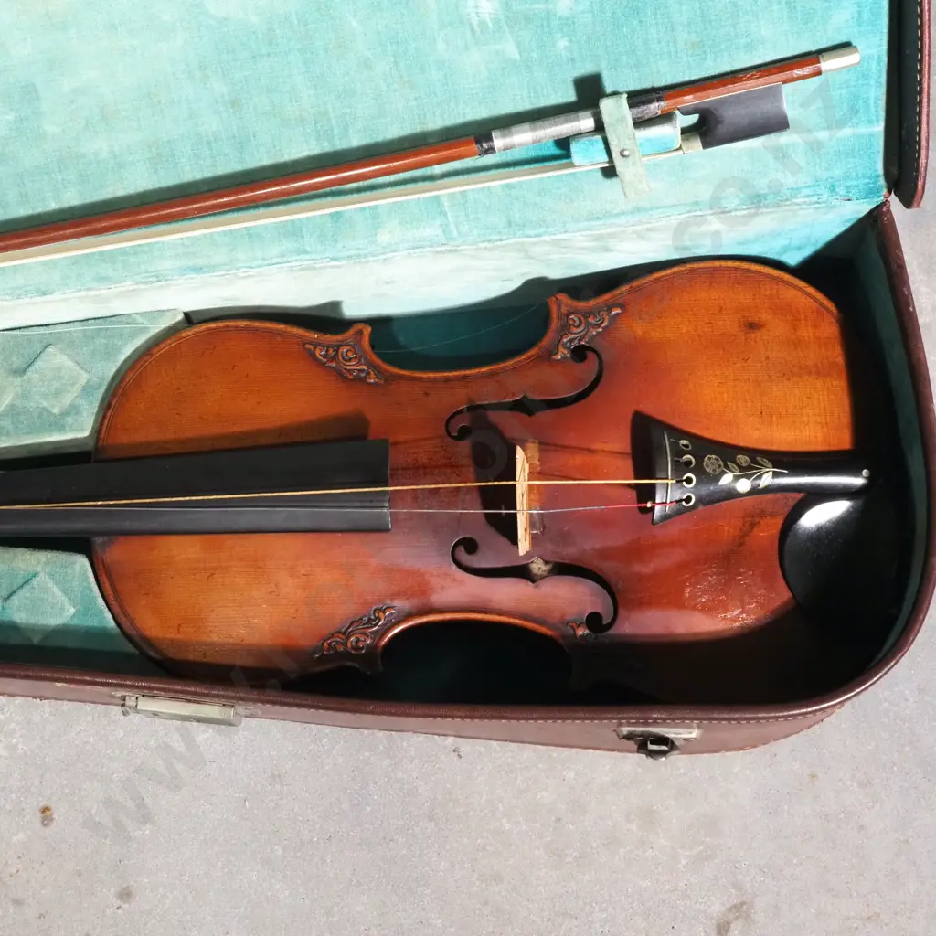 Vintage Violin w Carved Human Head Scroll, Decorative Carved Around the F holes & Back & Tailpiece w MOP Floral Design Image 1++