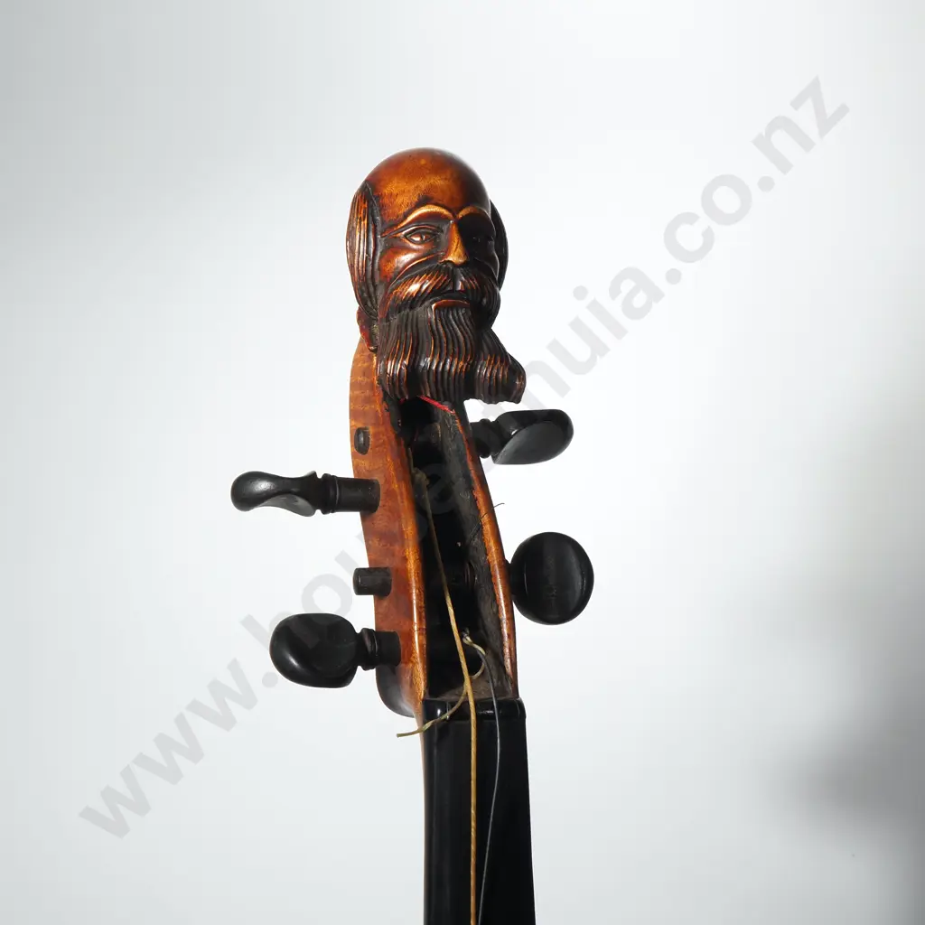 Vintage Violin w Carved Human Head Scroll, Decorative Carved Around the F holes & Back & Tailpiece w MOP Floral Design Image 1++