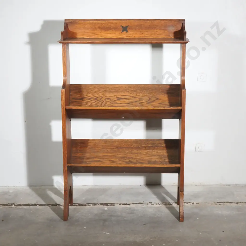 Arts & Crafts Style Oak Magazine Rack Or Book Trough w Three Open Sloped Shelves w Shaped Side Panels & Cutout Motif Image 1++