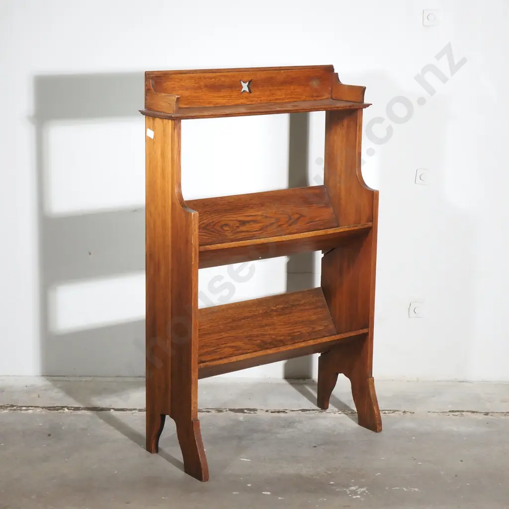 Arts & Crafts Style Oak Magazine Rack Or Book Trough w Three Open Sloped Shelves w Shaped Side Panels & Cutout Motif Image 1++