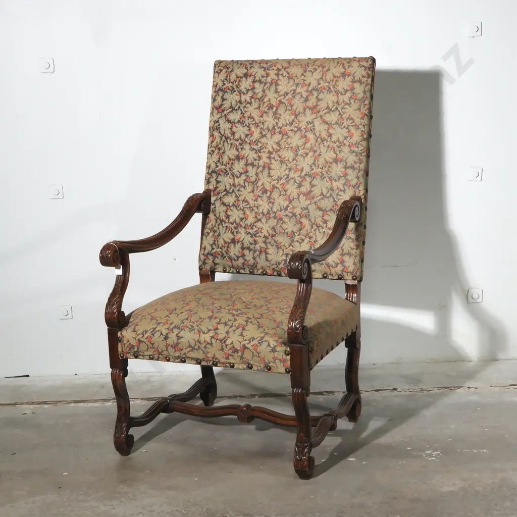 French Louis XIV Style Hand Carved Walnut Armchair/Fauteuil w High Back, Carved Wooden Frame, Upholstered Back & Seat Image 1++