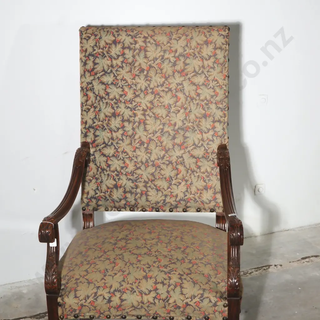 French Louis XIV Style Hand Carved Walnut Armchair/Fauteuil w High Back, Carved Wooden Frame, Upholstered Back & Seat Image 1++