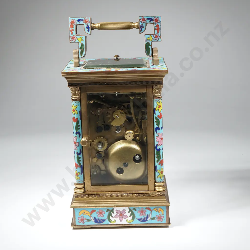 French Style Brass Carriage Clock w Intricate Champleve Enamel Work & a Dual Dial Face Image 1++