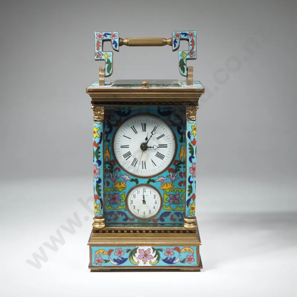 French Style Brass Carriage Clock w Intricate Champleve Enamel Work & a Dual Dial Face Image 1++