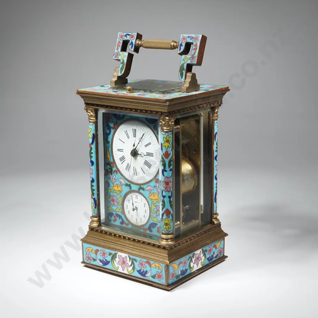 French Style Brass Carriage Clock w Intricate Champleve Enamel Work & a Dual Dial Face Image 1++