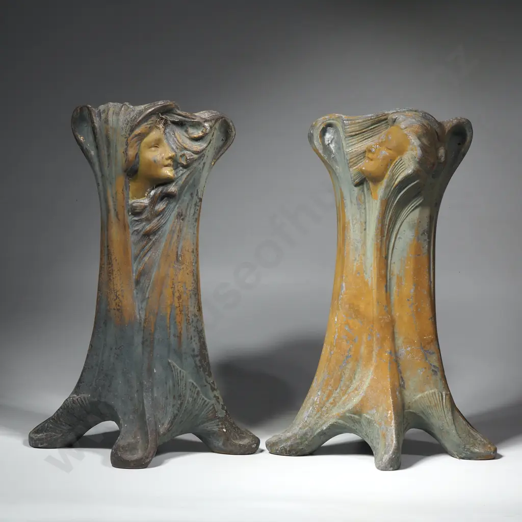 Pair of Metal Art Nouveau Figural Spill Vases, Possibly by Artist Francesco Flora w Relief Moulded Decoration Image 1++