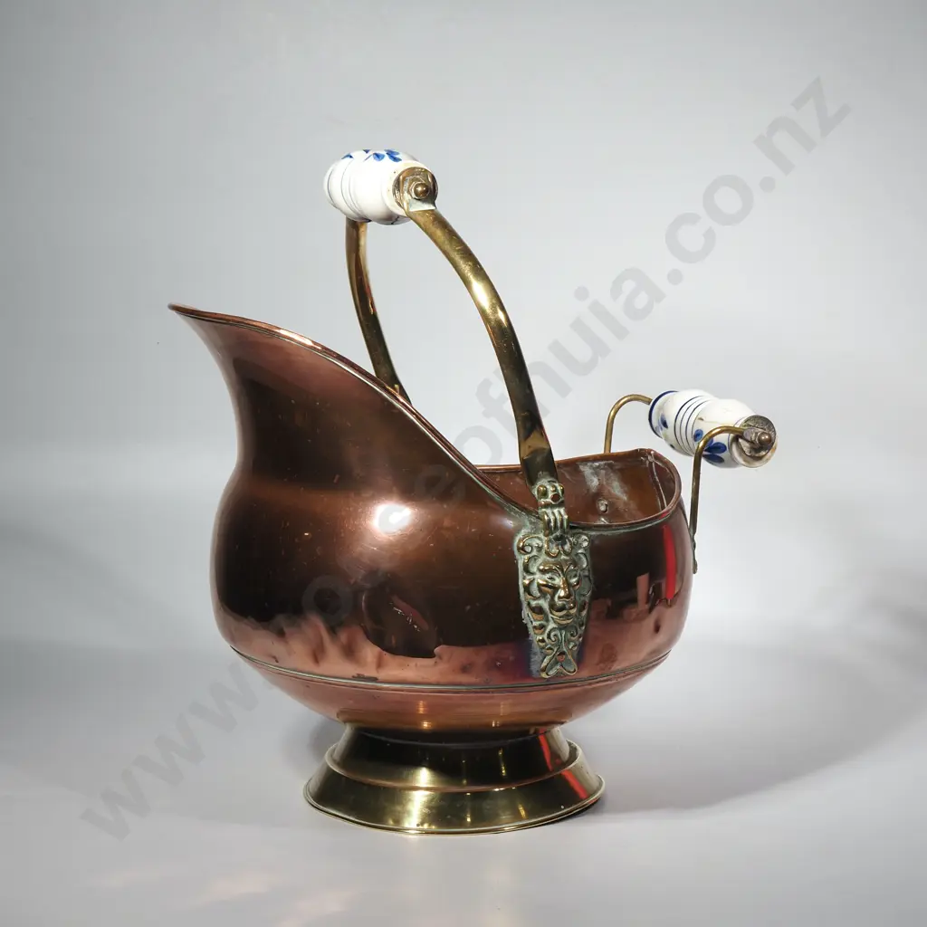 Vintage Copper Coal Scuttle w Delft Blue & White Porcelain Accents Image 1++