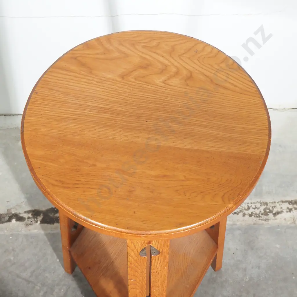 Oak Arts & Crafts Small Lamp Table w  Spade Cut Outs to Wide Plank  Legs &  a Lower Triangular Shelf Image 1++