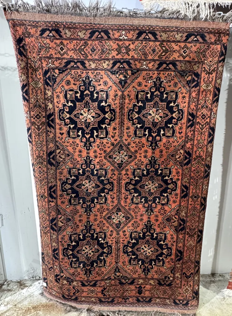 Persian Hand Knotted Rug w Vibrant Geometric Shapes on a Terracotta Ground Image 1++