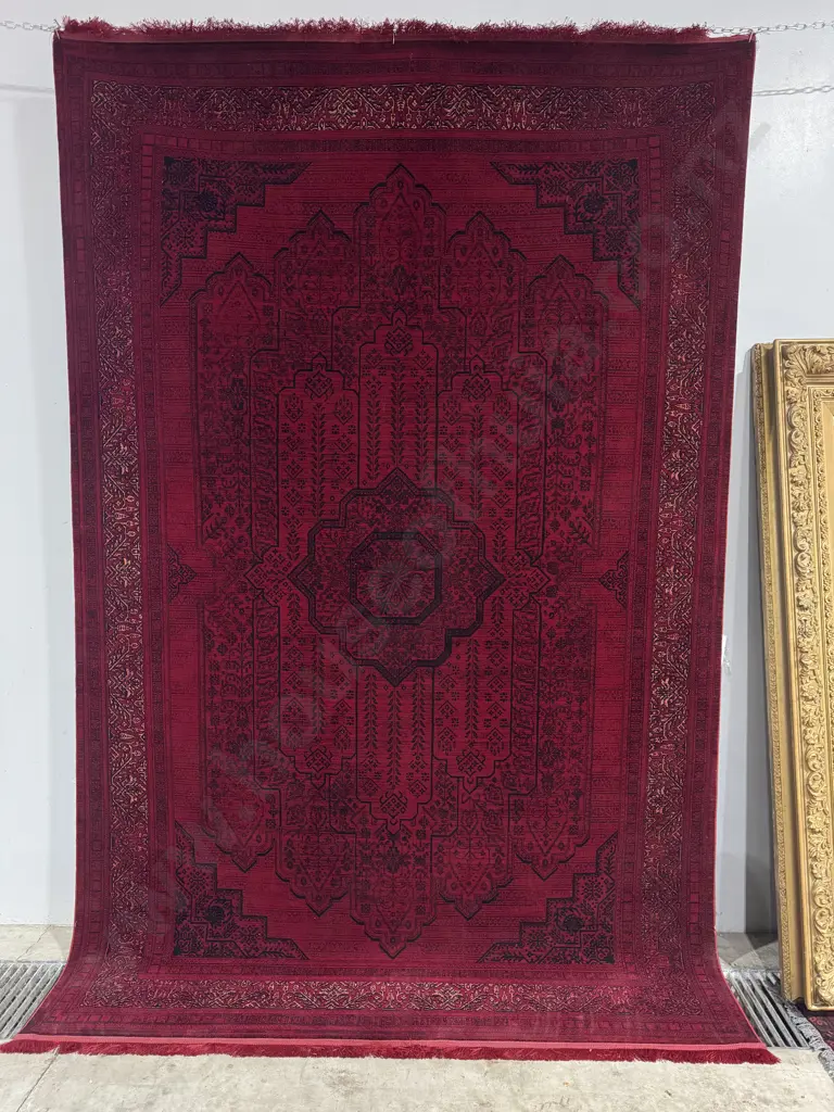 Large Deep Burgundy Red Persian Style Rug w Central Medallion & Ornate Border Patterns Image 1++