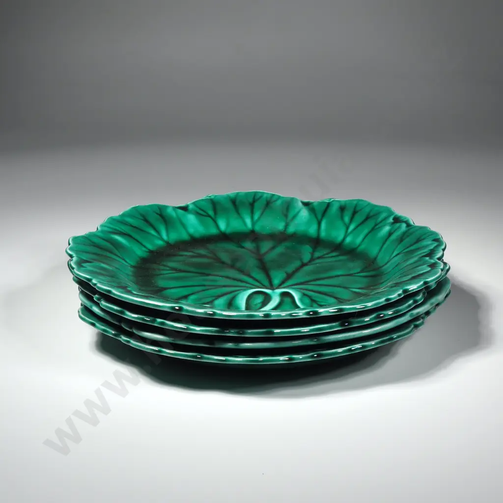 Set of Four  Wedgwood Etruria & Barlaston Majolica leaf plates, w Impressed Wedgwood Marks in the Cabbage Leaf Design Image 1++