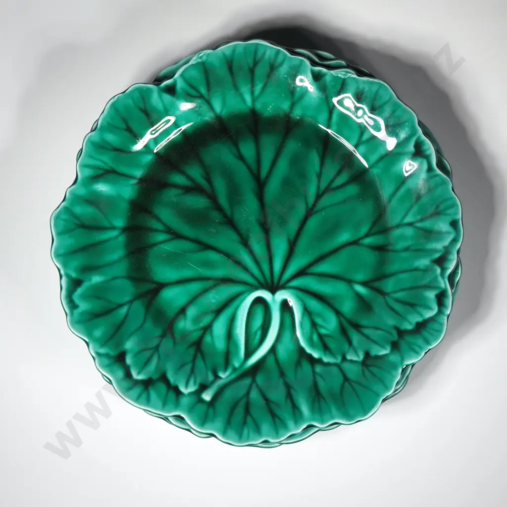 Set of Four  Wedgwood Etruria & Barlaston Majolica leaf plates, w Impressed Wedgwood Marks in the Cabbage Leaf Design Image 1++
