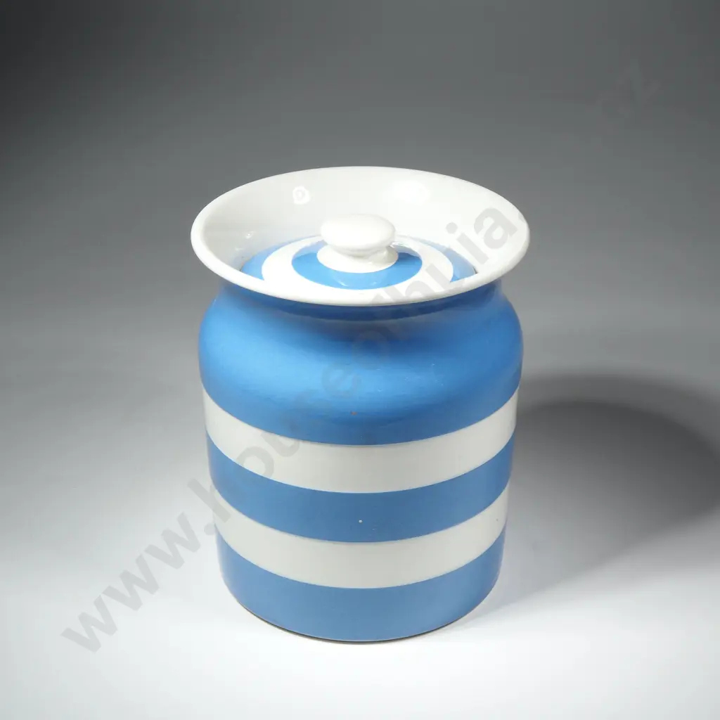 A  Large Vintage T.G. Green  Cornishware Lidded Jar with the Green Shield Mark Image 1++