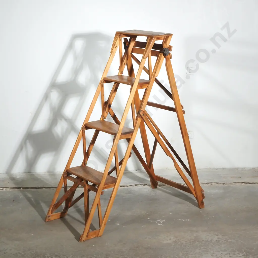 Antique Pine  Hatherley Lattistep Five Step Folding Wooden Ladder with Original Badges Image 1++
