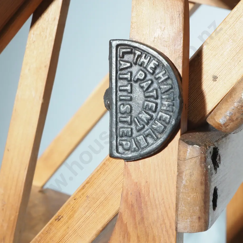 Antique Pine  Hatherley Lattistep Five Step Folding Wooden Ladder with Original Badges Image 1++