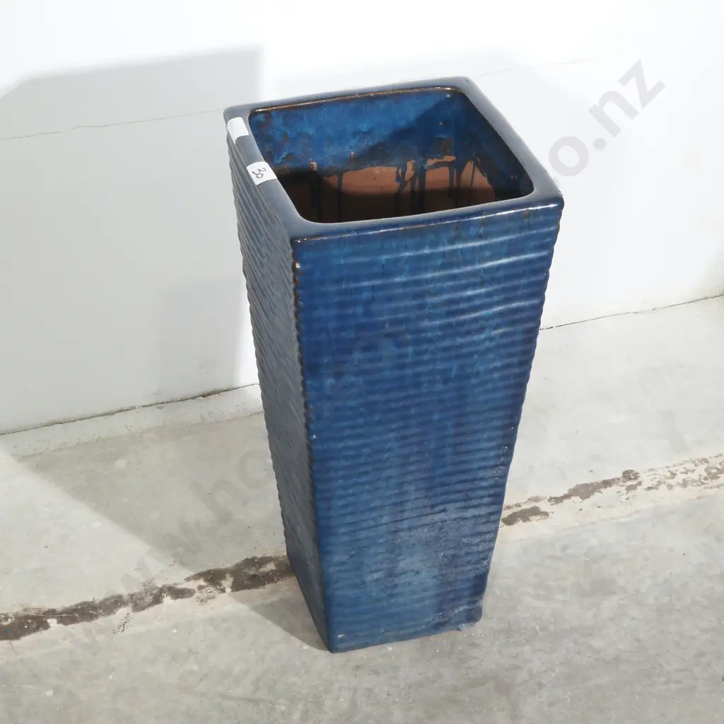 Large Blue Glaze Pottery Tapered Square Planter Ripple Design Image 1++