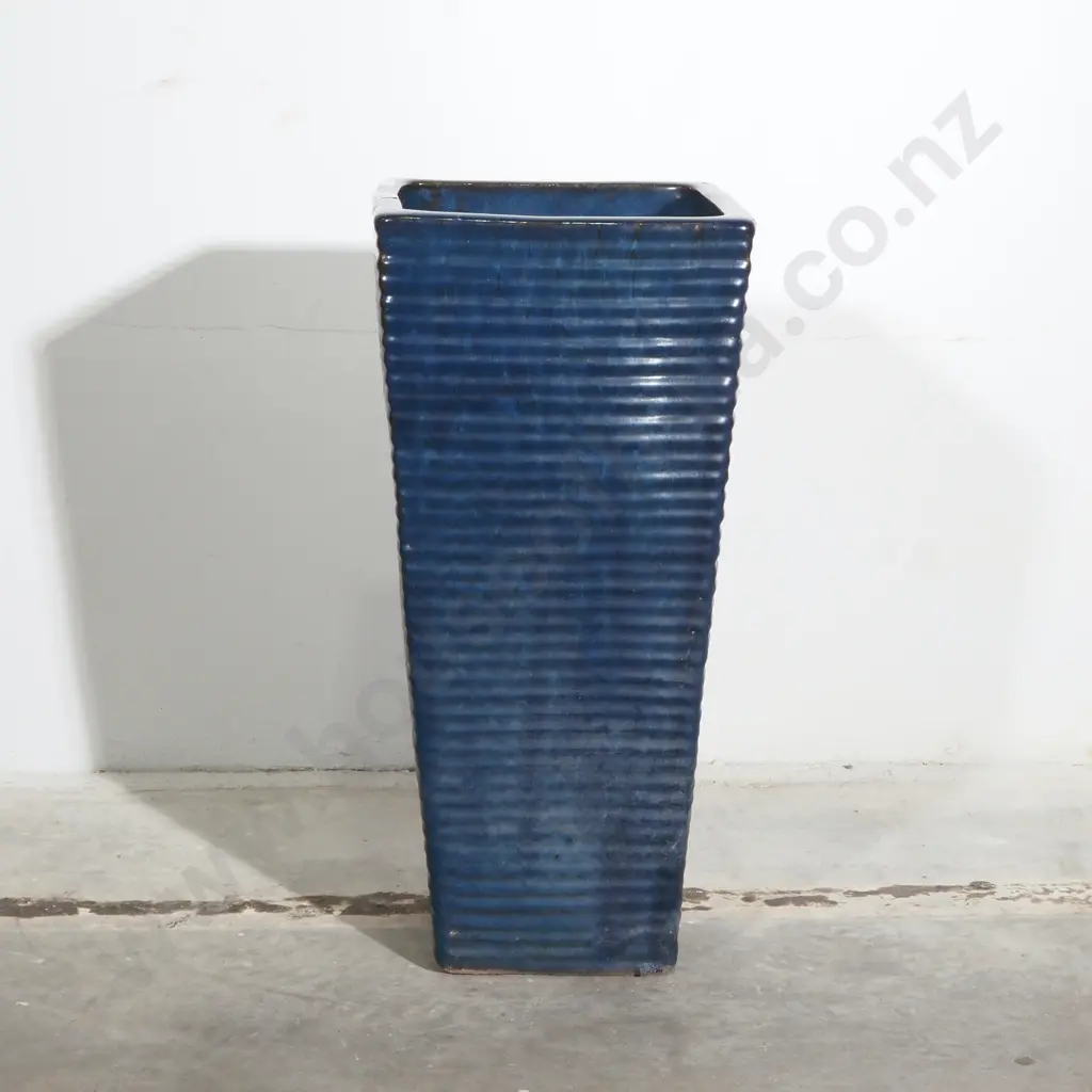Large Blue Glaze Pottery Tapered Square Planter Ripple Design Image 1++