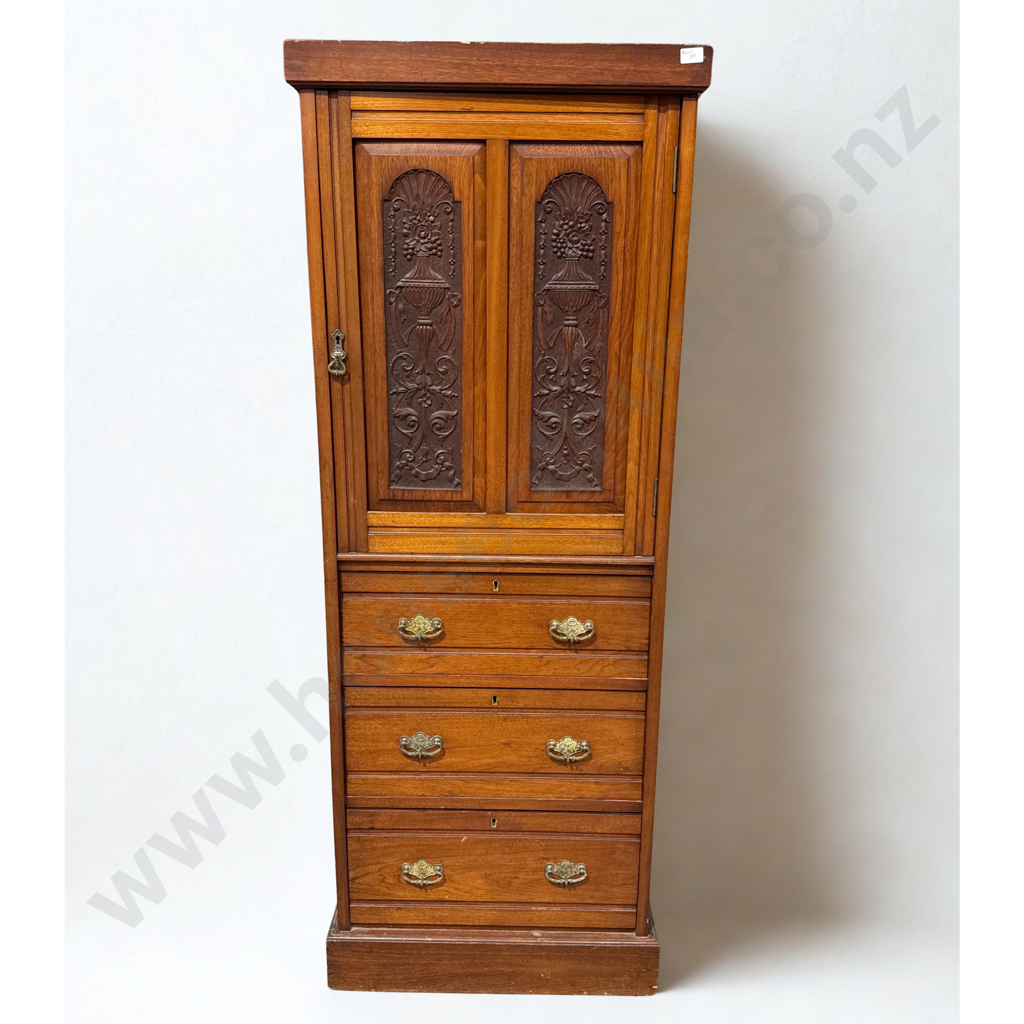 Edwardian  Compactum Combination w Carved Panel Doors To Upper Section Over A Chest of Three Graduated Drawers Image 1++