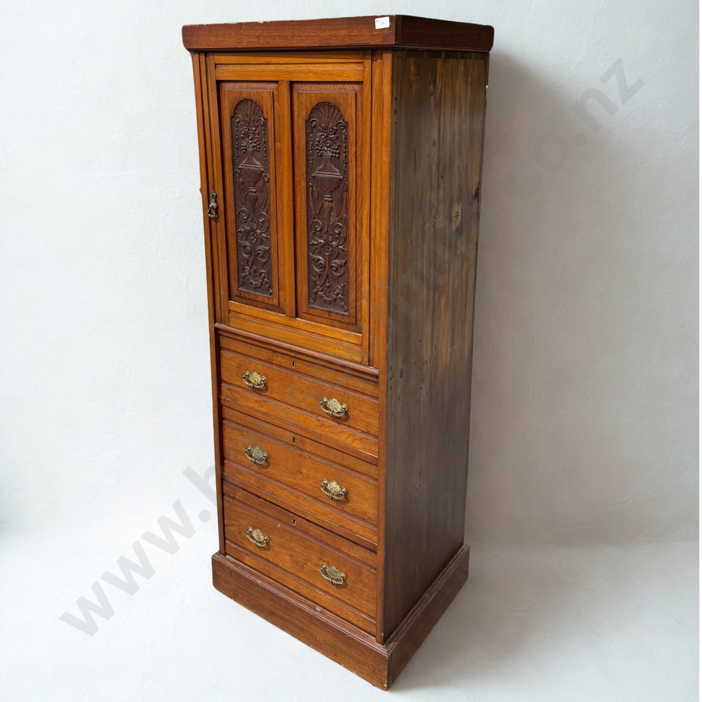 Edwardian  Compactum Combination w Carved Panel Doors To Upper Section Over A Chest of Three Graduated Drawers Image 1++