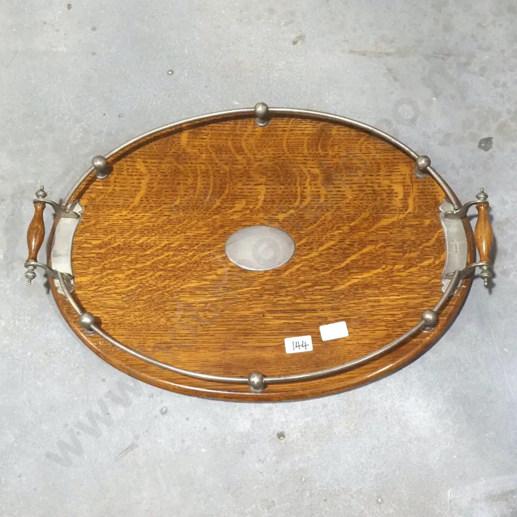 Antique Edwardian Wooden Oak & S/P Serving Tray Image 1++