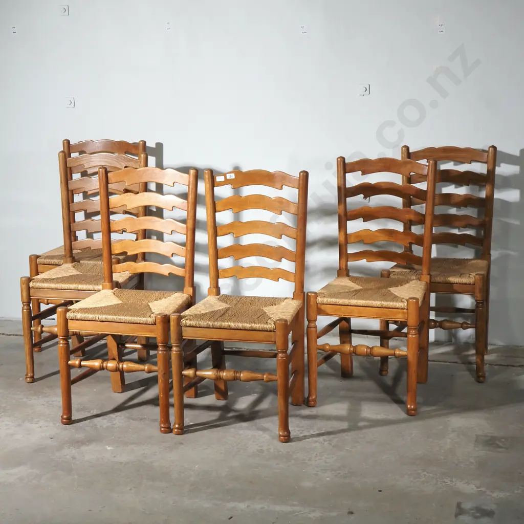Set of Six Light Oak Ladder Back Dining Chairs w Rush Seats Image 1++