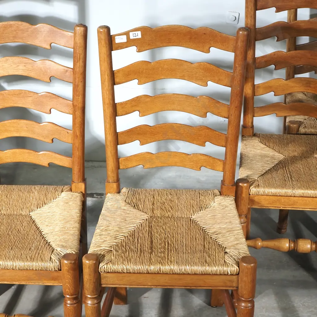 Set of Six Light Oak Ladder Back Dining Chairs w Rush Seats Image 1++