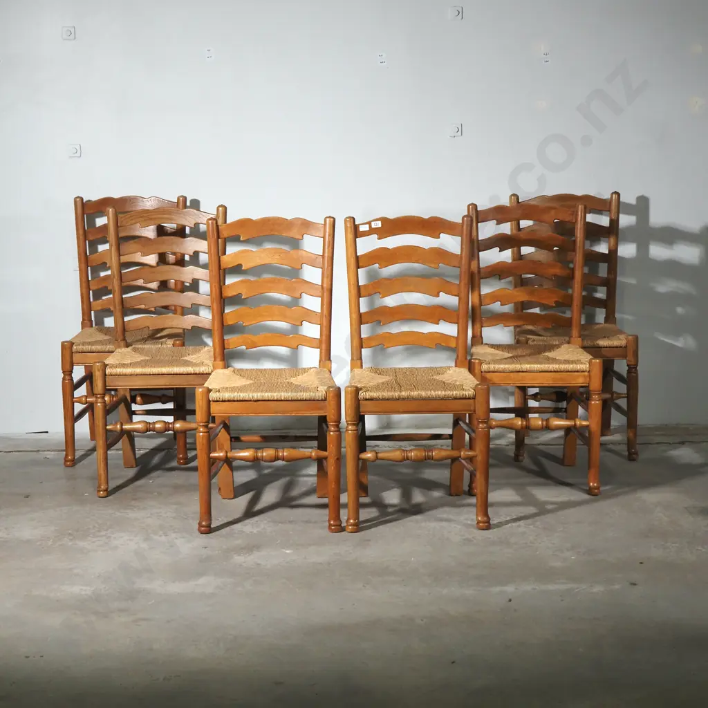 Set of Six Light Oak Ladder Back Dining Chairs w Rush Seats Image 1++