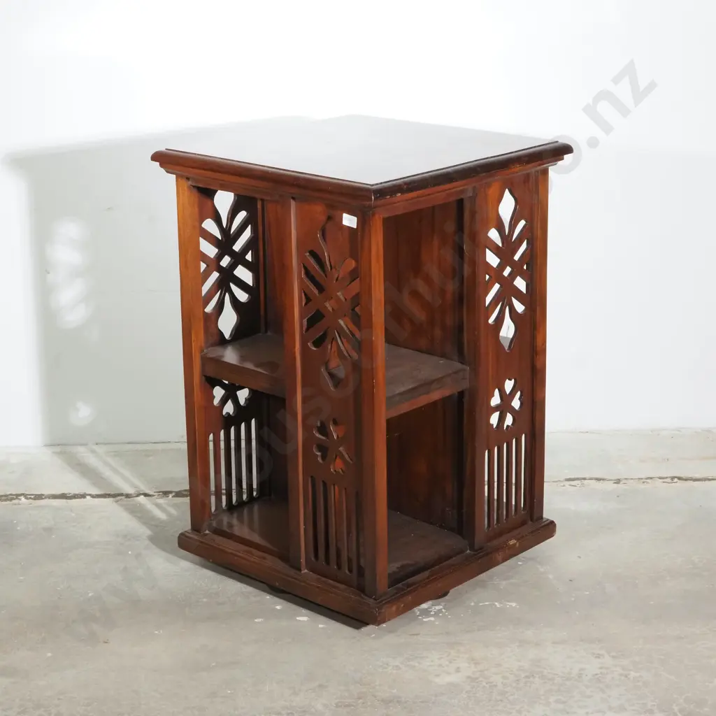 Mahogany Revolving Bookcase w Eight Sections for Books &   Shaped Cut Out Decoration Image 1++