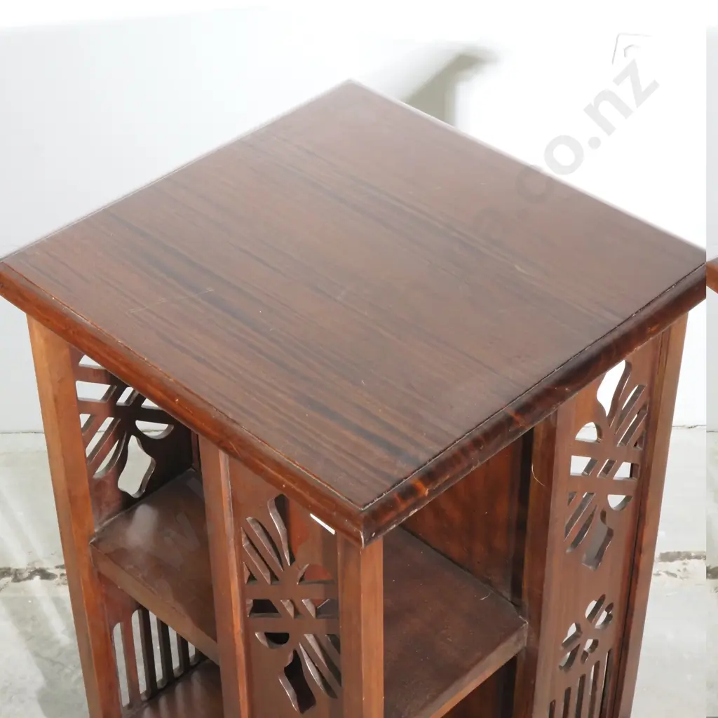 Mahogany Revolving Bookcase w Eight Sections for Books &   Shaped Cut Out Decoration Image 1++