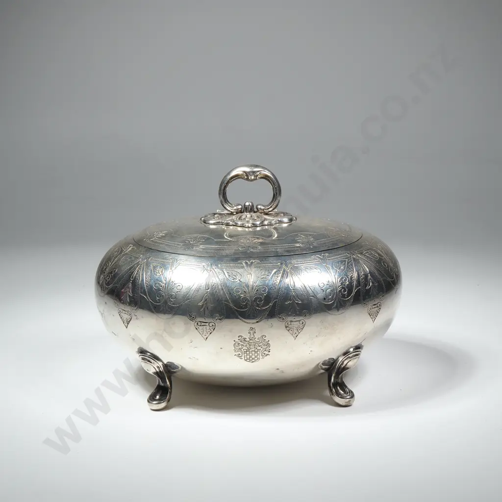 Antique Oval Shaped Silver Sugar Box w Ornate Leaf Decoration On Rocaille Feet, Marked 12 Loth for  75% Silver Image 1++