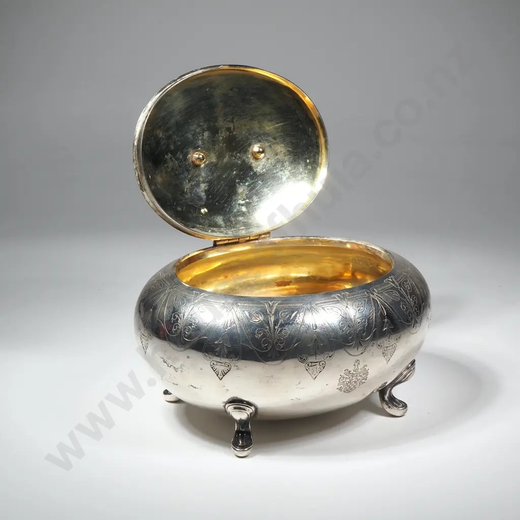 Antique Oval Shaped Silver Sugar Box w Ornate Leaf Decoration On Rocaille Feet, Marked 12 Loth for  75% Silver Image 1++