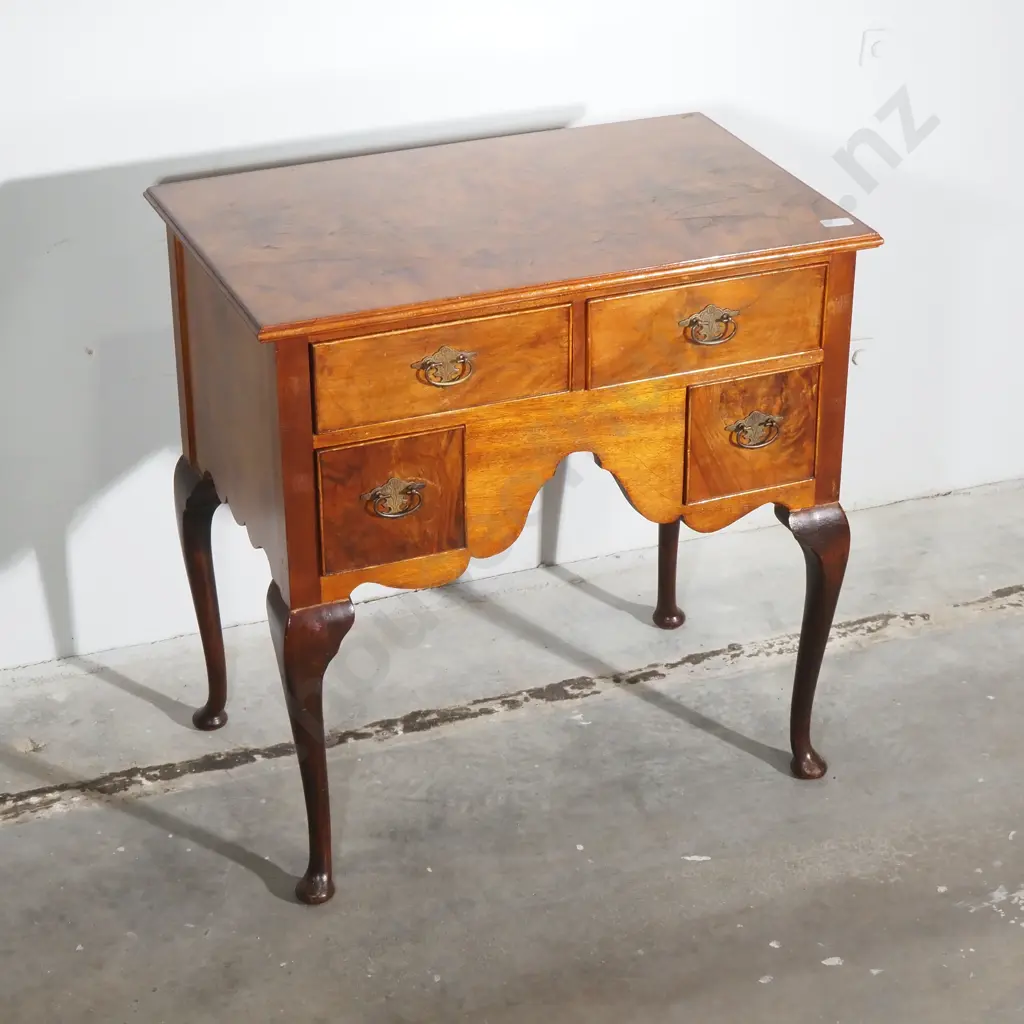 George 1 Style Burr Walnut Walnut Lowboy w Shaped Apron, Resting on Cabriole Legs & Fitted w Brass Hardware Image 1++