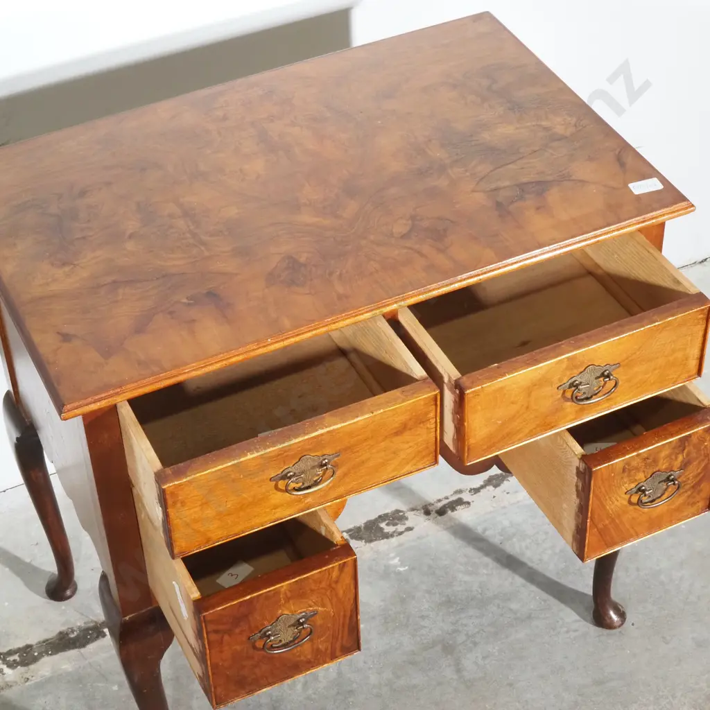 George 1 Style Burr Walnut Walnut Lowboy w Shaped Apron, Resting on Cabriole Legs & Fitted w Brass Hardware Image 1++