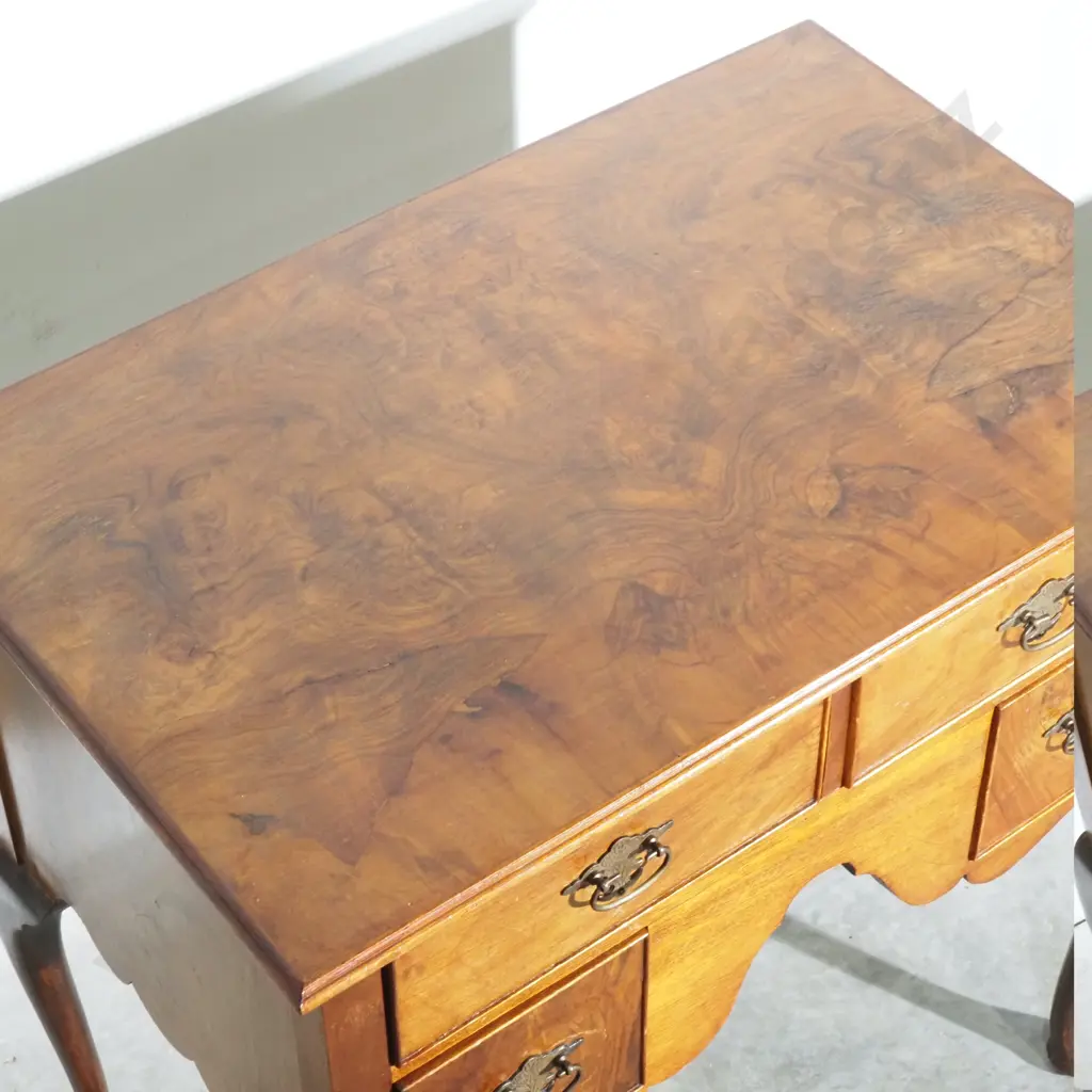 George 1 Style Burr Walnut Walnut Lowboy w Shaped Apron, Resting on Cabriole Legs & Fitted w Brass Hardware Image 1++
