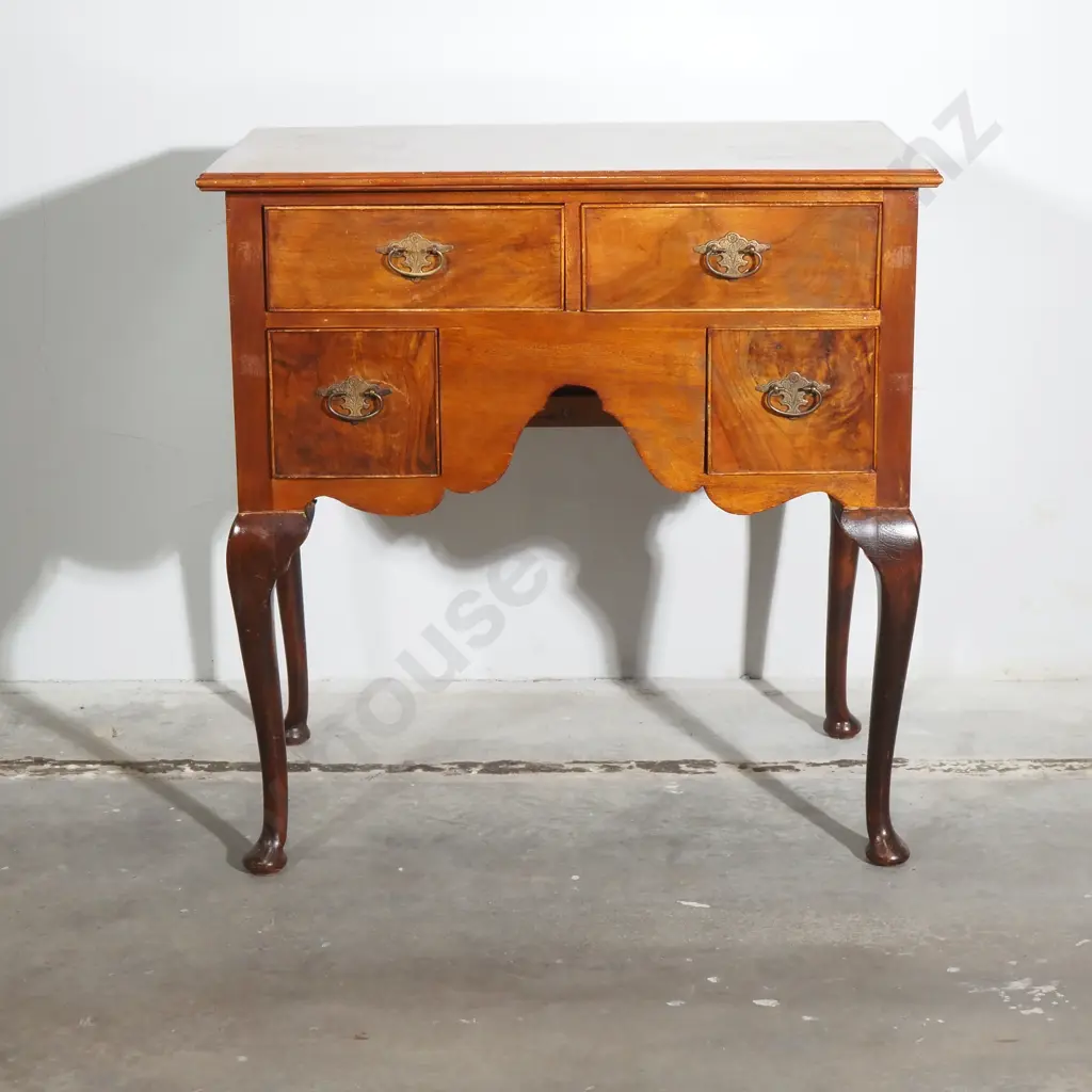 George 1 Style Burr Walnut Walnut Lowboy w Shaped Apron, Resting on Cabriole Legs & Fitted w Brass Hardware Image 1++