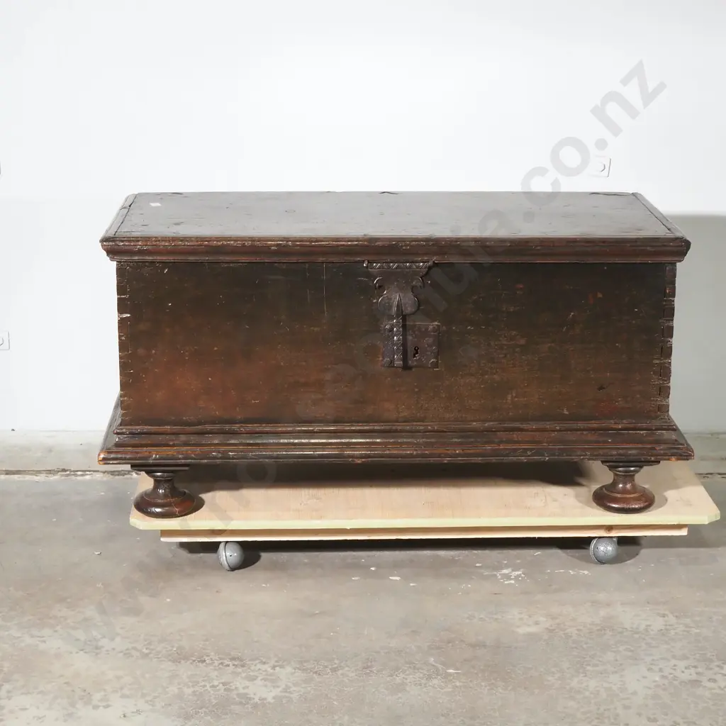 Early Oak Coffer w Hand Forged Metal Hardware & Interior Candle Box on Four Bun Feet w Rich Patina Image 1++