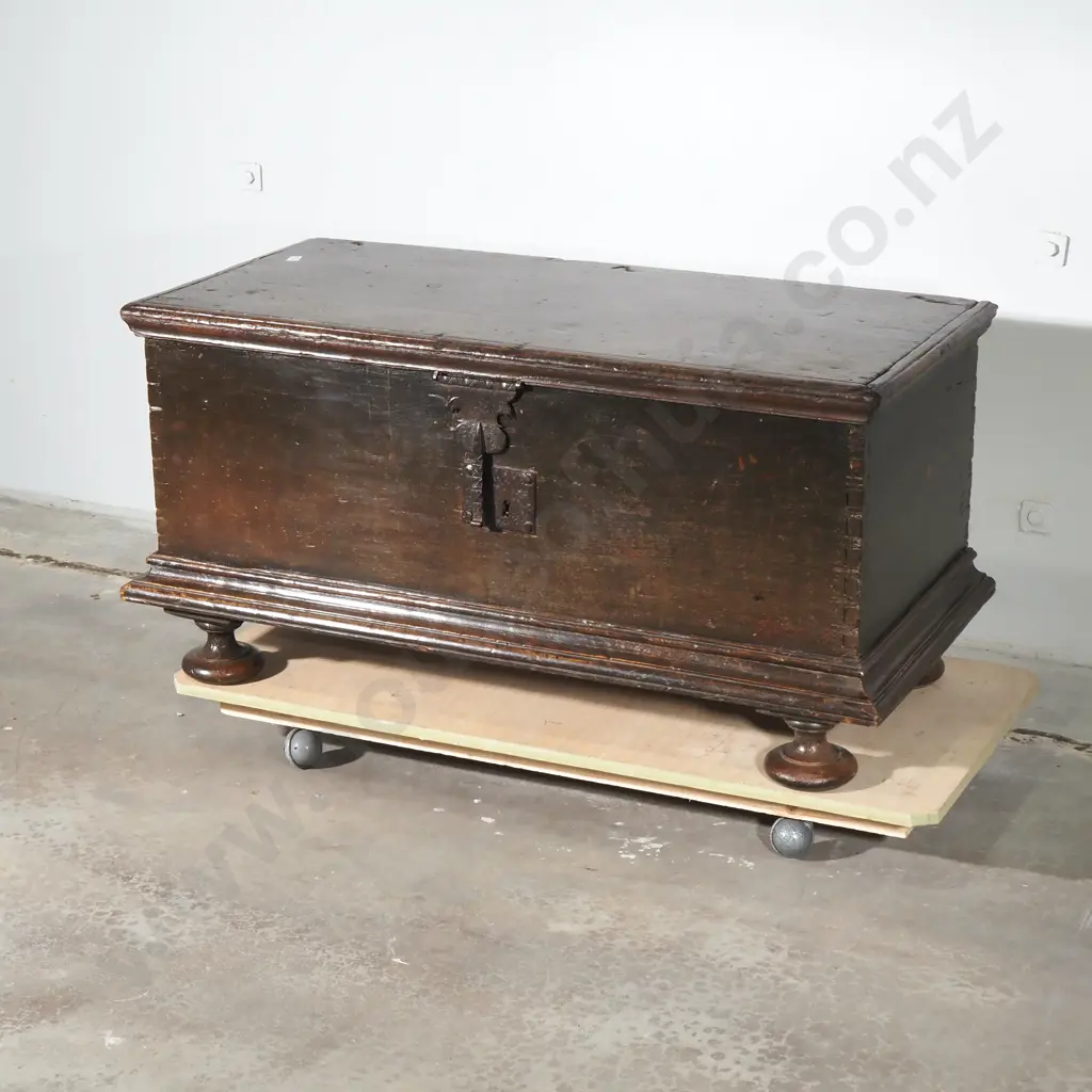 Early Oak Coffer w Hand Forged Metal Hardware & Interior Candle Box on Four Bun Feet w Rich Patina Image 1++