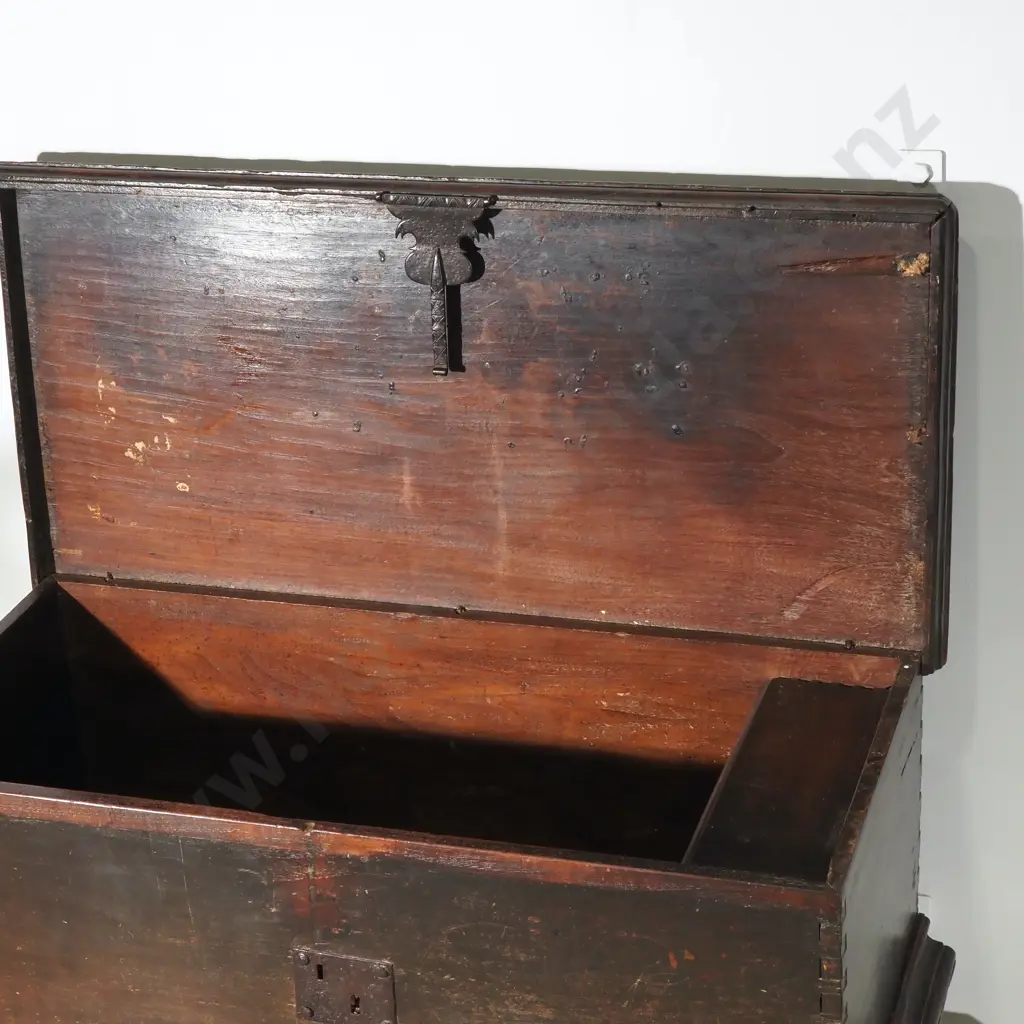 Early Oak Coffer w Hand Forged Metal Hardware & Interior Candle Box on Four Bun Feet w Rich Patina Image 1++
